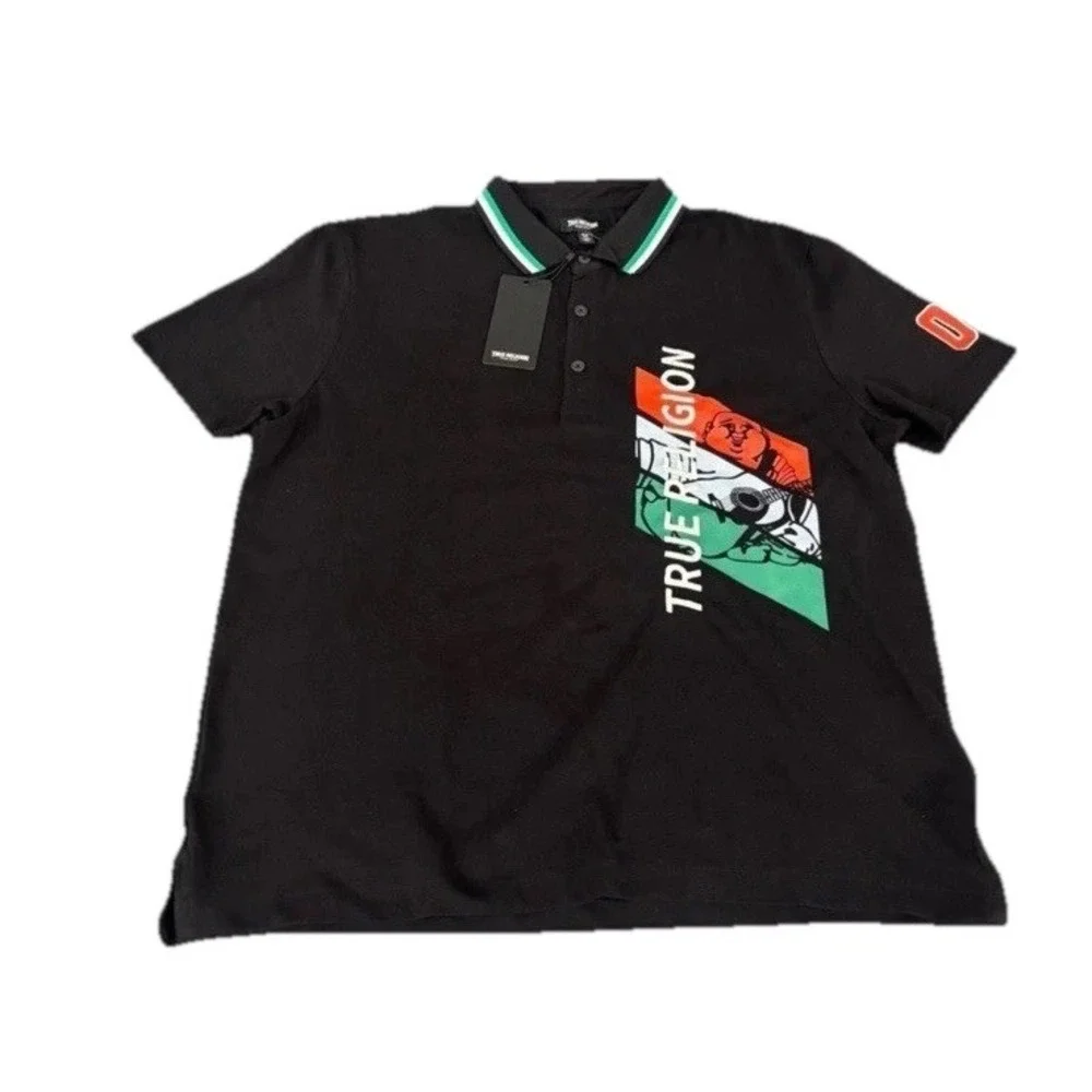 True Religion Buddha Polo‎ Shirt Men Size XL Black Graphic